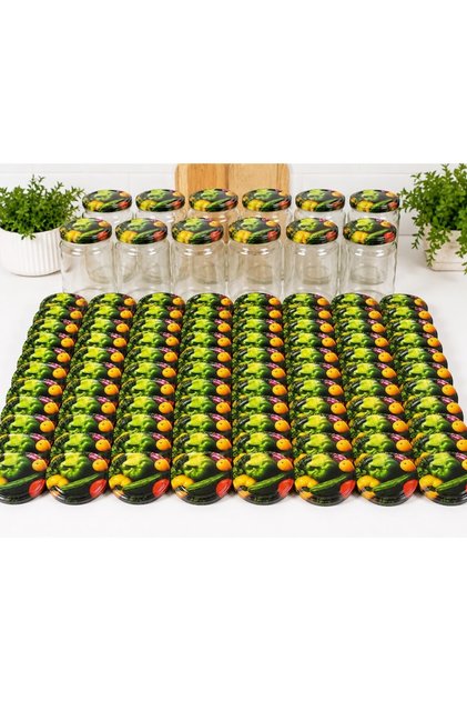 Set de 100 capace de borcan tip twist-off, până la 82 mm, decor cu legume și fructe, metalice