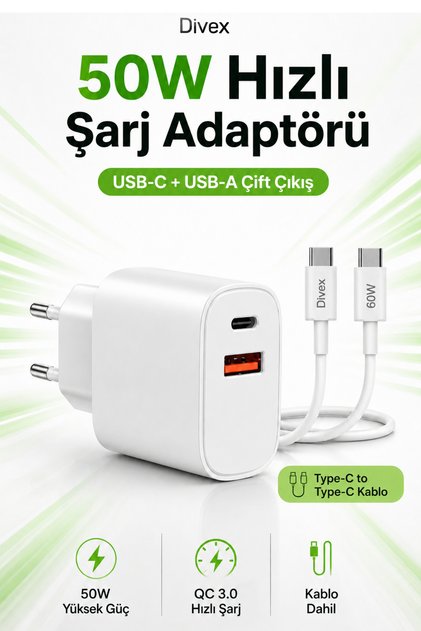 50W Hızlı Şarj Adaptörü + 27W Type-C to Lightning Kablo Seti – USB-C ve USB-A Çift Çıkış, QC 3.0 Destekli