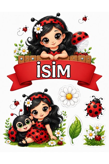 İSİMLİ - Uğur Böceği Temalı Yenilebilir Pasta Süsü - Uğur Böceği Pasta Resmi ve Baskısı Yenilebilir Kağıt