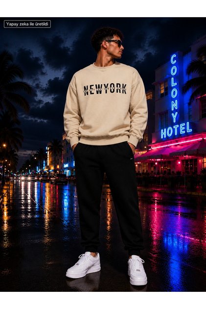 New York Printed Crew Neck 2-Yarn Yarn-Dyed Fabric Tracksuit Set