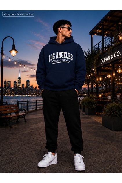 Losangeles Printed Hooded 2 Thread Threaded Fabric Tracksuit Set