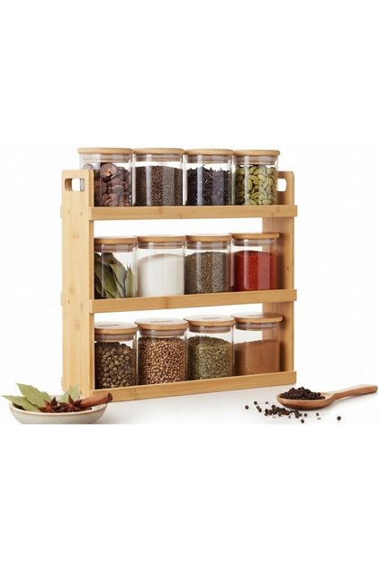 3-Tier Bamboo Spice Rack Organizer with 12 Airtight Glass Jars, Wooden Countertop Seasoning Shelf Holder with Bamboo Lids for Herbs, Spices, Seasonings and Kitchen Storage