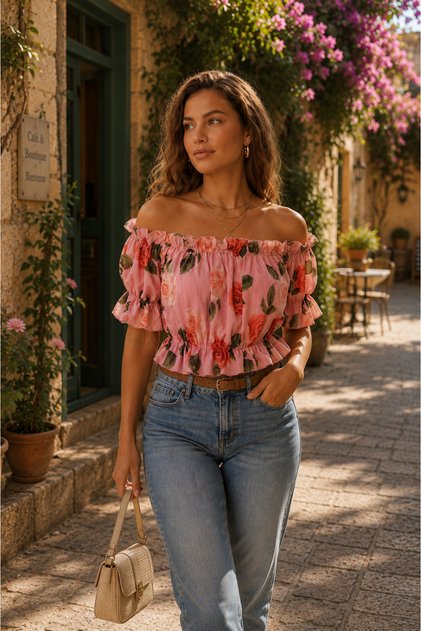 Flower-Patterned Balloon Sleeve Blouse