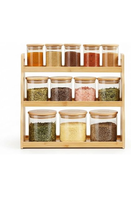 3-Tier Bamboo Spice Rack Organizer with 5 Spice Jars, 4 Glass Jars & 3 Large Canisters with Lids, Countertop Storage Shelf for Spices, Herbs, Seasonings, Dry Foods and Pantry Organization