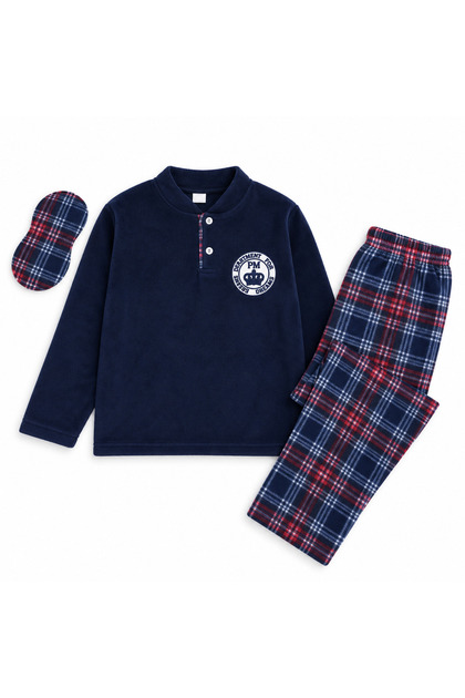 Erkek çocuk pamuklu kışlık polar uzun kollu düğmeli yaka pijama takımı