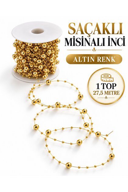 Fringed Pearl String in Gold Color 27.5 Meters – Decorative Pearl Ribbon, Beaded Ornament String, Bundle for Engagement Wedding Gift Wrapping Decoration