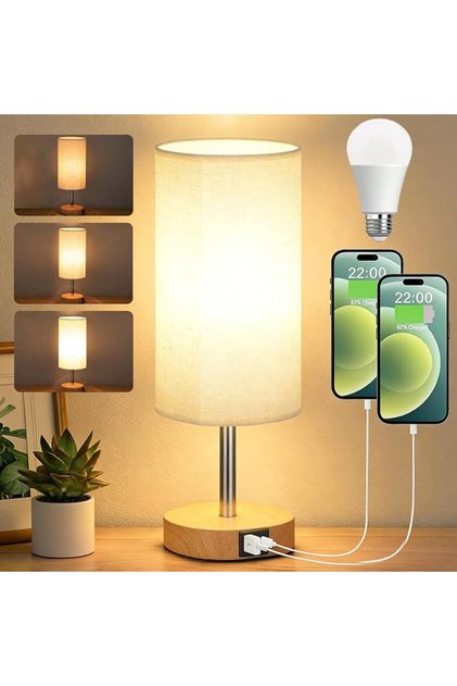 مصباح طاولة يعمل باللمس لغرفة النوم، مصباح طاولة جانبي قابل للتعتيم بثلاث درجات مع شحن USB A+C