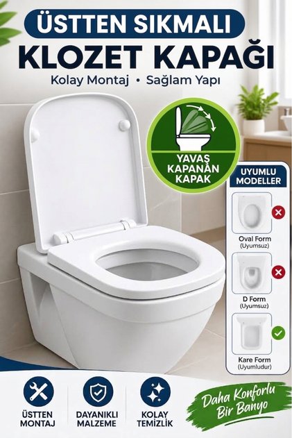 Kare Form Klozet Kapağı Yavaş Kapanır Soft Close Klozet Kapak Üstten Sıkmalı