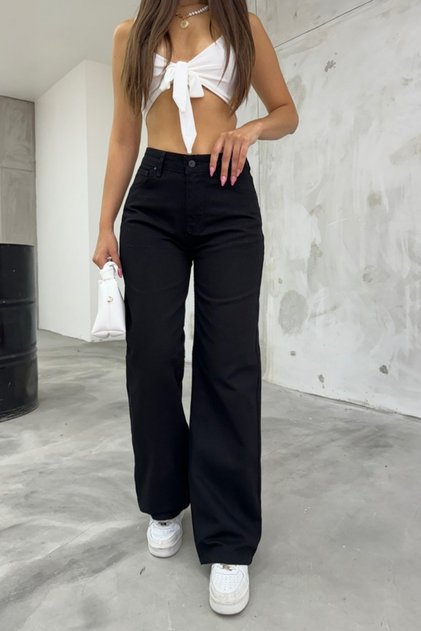 Women's Black Casual High Waist Lycra Wide Leg Denim Jeans