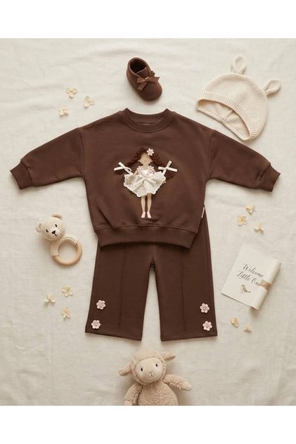 Kız Bebek/Çocuk Çiçek Detaylı Oyuncak Bebekli Yeni Sezon Alt Üst Takım