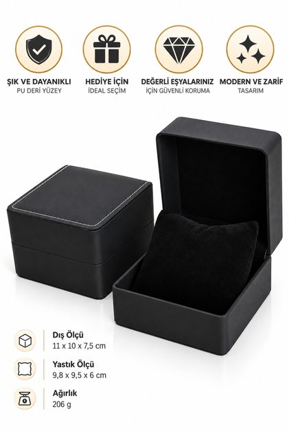 Premium PU Deri Saat ve Takı Kutusu – Kadife Yastıklı, Dikiş Detaylı Şık Saklama ve Hediye Kutusu Siyah