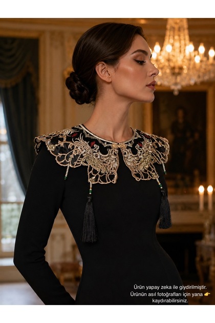 Velvet Embroidered Lace Collar with Beads and Tassel Details