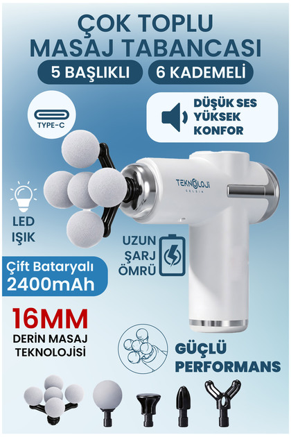 Masaj Tabancası 6 Kademeli 5 Başlı Yeni Nesil Titreşimli Şarjlı Masaj Aleti 6 Kademe Boyun/Bel/Sırt/Bacak