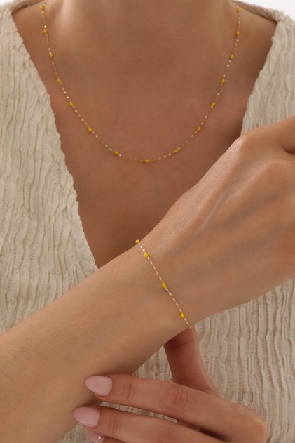 14 Ayar Altın Sarı Mineli Aynalı Zincir Kolye & Bileklik Set