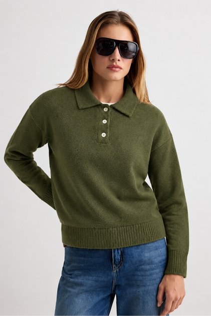 Basic Oversized Polo Collar Half Placket Buttoned Knitwear Sweater Aw25Kz0131