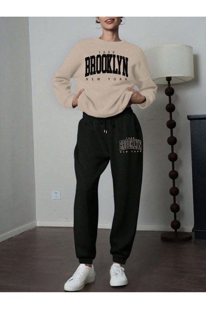 Unisex Cotton Brooklyn New York Printed Oversize Crew Neck Bottom Top Tracksuit Set