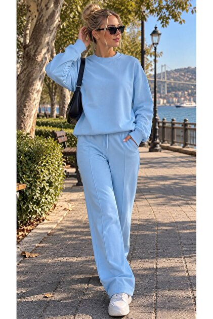 Women's Two-Thread Crew Neck Oversize Sweatshirt Wide-Leg Sweatpants Two-Piece Set