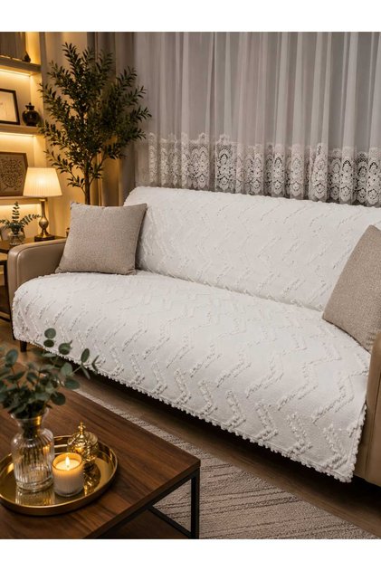 Premium Chenille Jacquard Woven Bearded Cream Color Sofa Cover 175X210