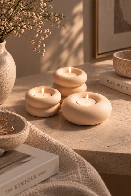 Dekoratif Yuvarlak Üçlü Tealight Mumluk Seti – 3D Baskı