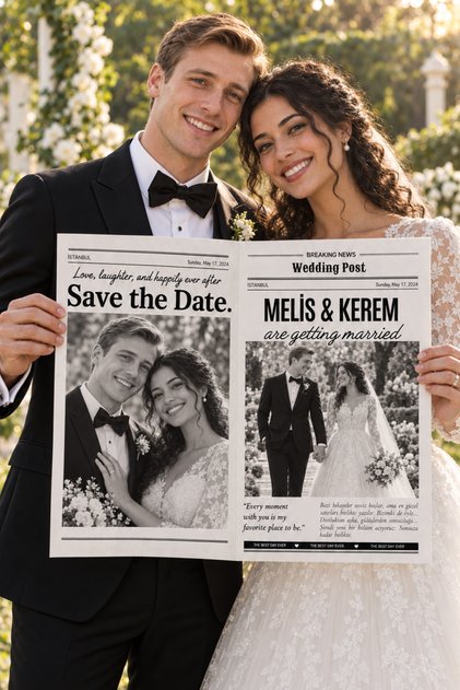 Kişiye Özel Fotoğraflı Düğün Gazetesi - Nişan Ve Nikah Anı Gazetesi - Save The Date Konsept Hediyelik