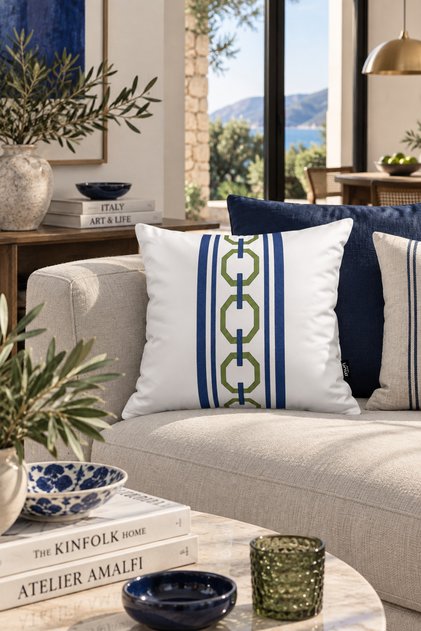Palazzo Botanik 1 Piece Throw Pillow Cover Navy Blue White Green Floral and Geometric Patterned Decorative Double Sided Digital Printing Hidden Zipper