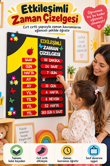 Interactive Timetable Felt Educational Board – Velcro Time Concepts 2Nd and 3Rd Grades Classroom Mathematics Material