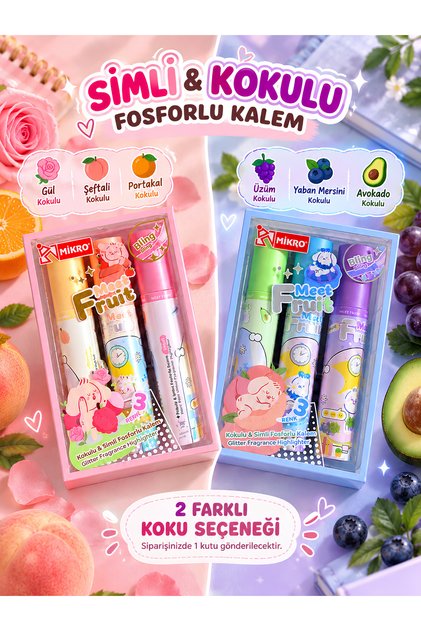 3'lü Meyve Kokulu ve Simli Fosforlu Kalem Seti - Gerçek Kokulu İşaretleme Kalemleri 1 Kutu