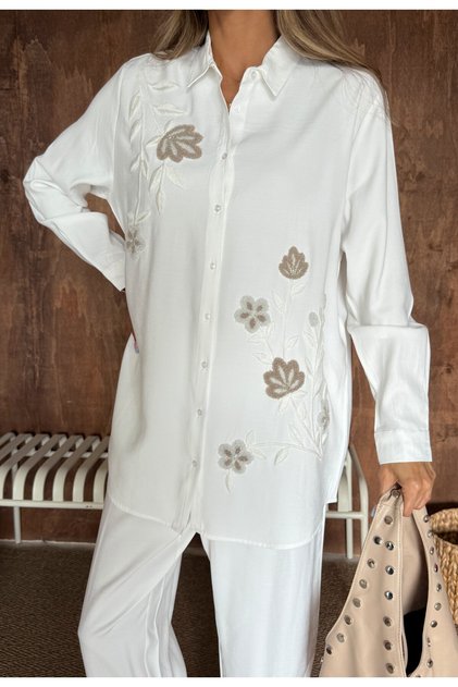 Women's Shirt with Bead Embroidery on Front, Standard Pants Size Suit