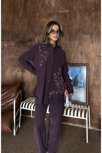 Women's Shirt with Bead Embroidery on Front, Standard Pants Size Suit