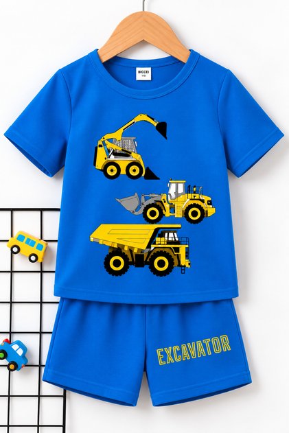Excavator Printed Children's Saks Blue Shorts T-Shirt - Set - Children's Summer Crew Neck