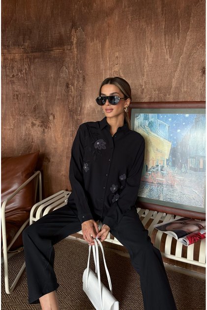 Women's Shirt with Bead Embroidery on Front, Standard Pants Size Suit