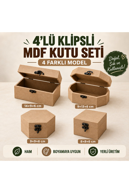 4’lü Klipsli Ham MDF Kutu Seti – Kare, Altıgen, Sekizgen ve Dikdörtgen Boyama Kutuları