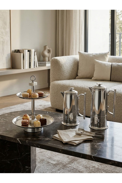Luxury Tea and Coffee Set with Cake and Dessert Stand Modern Style Silver Finished Designer Serving Set