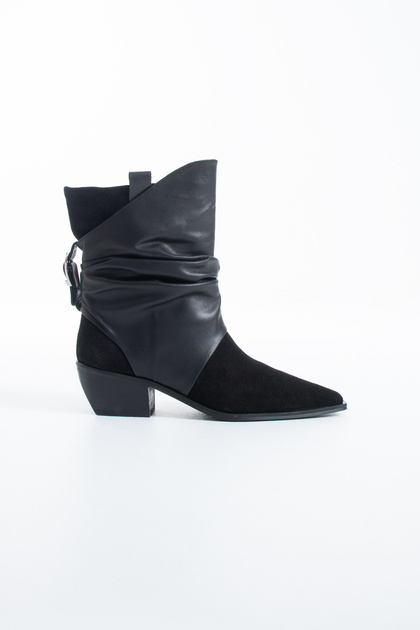 Valeria Genuine Leather Black Suede Pleated Western Women's Boots