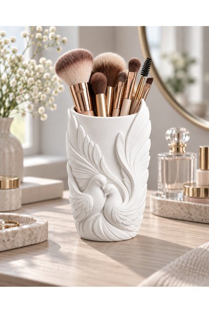 Decorative Makeup Brush Holder Organizer Pen Holder with Love Birds Figures 14 cm