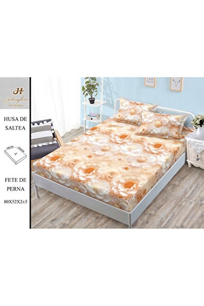 Husă de Pat Bumbac Satinat 2 Persoane 3 Piese cu Elastic 180x200 cm, Model J-106 - Nou