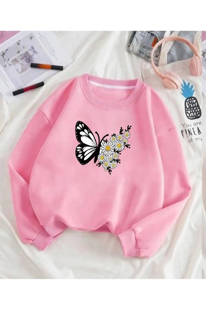 Women's Butterfly Floral Printed Sweatshirt Crew Neck Comfortable Fit Casual Sports Top