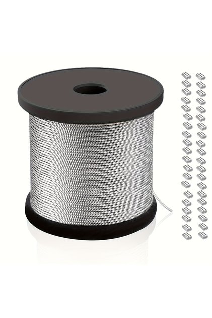 60m 304 Stainless Steel Wire Rope, Equipped with 50 Aluminum Clips, Pvc Coated Cable, 2.0mm, Length
