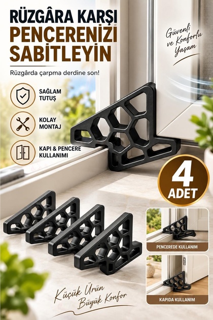 4 Adet Pencere - Kapı Sabitleyici Stoper / Rüzgar Önleyici Cam Tutucu Siyah