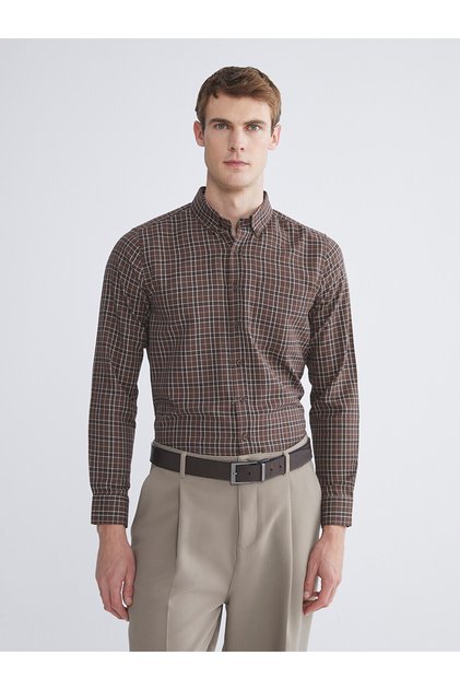 Lcwaikiki classic brown regular fit long sleeve plaid gabardine men's shirt