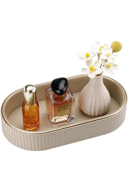 Perfume Tray Nightstand Organizer, PU Leather Small Oval Desk Tray Jewelry Trinket Trays Valet Organ