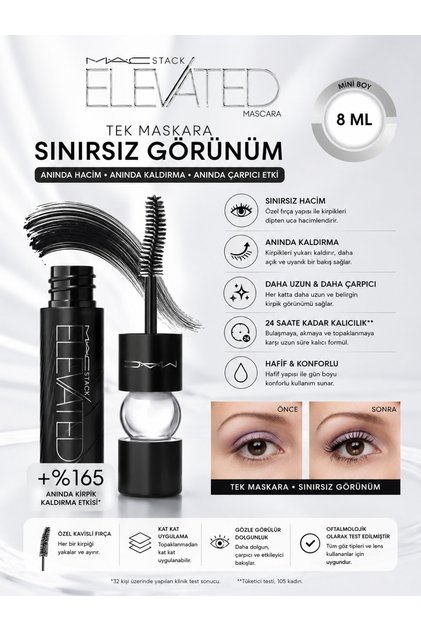 MACStack Elevated Siyah Maskara – 8 ml Yoğunlaştırıcı ve Hacim Veren Kirpik Maskarası