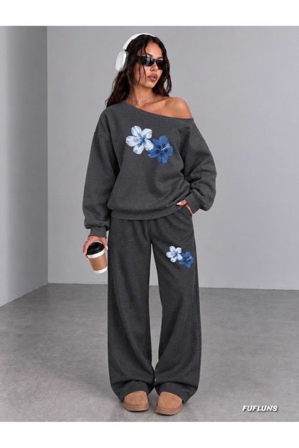 Flower Printed Women's Boat Neck Bottom/Upper Track Suit Set