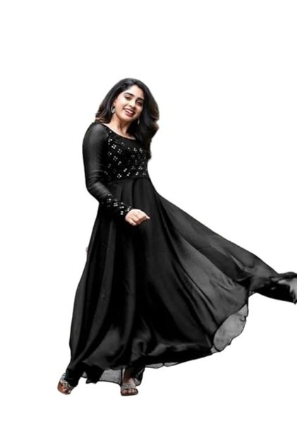 Black Faux Georgette Mirror Work Anarkali Gown - NJF8475 | Black-Size:XL-42-Inches