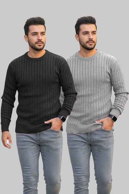 2 Pieces Slim Fit Knitwear Men's Sweater Crew Neck (Gray), (Black)