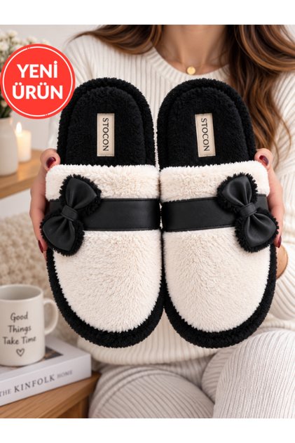 Lora Bowknot Detailed Plush House Slippers Closed Toe Soft Insole Winter House Slippers Dowry Slippers Gift Stc1348
