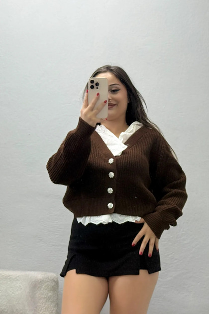 Women's Baby Collar Lace Knitwear Cardigan Brown