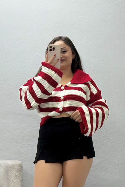 Women's Polo Collar Striped Cardigan Red