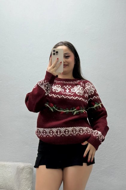 Women's Embroidered Knitwear Sweater Bordokrem