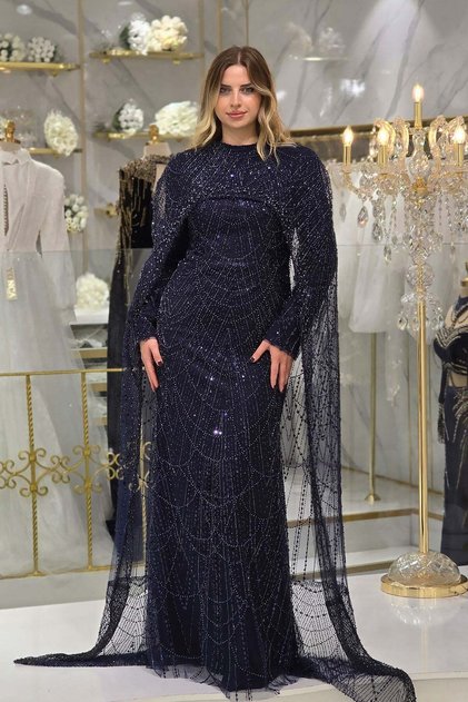 Navy Blue Sequin Cape Evening Dress